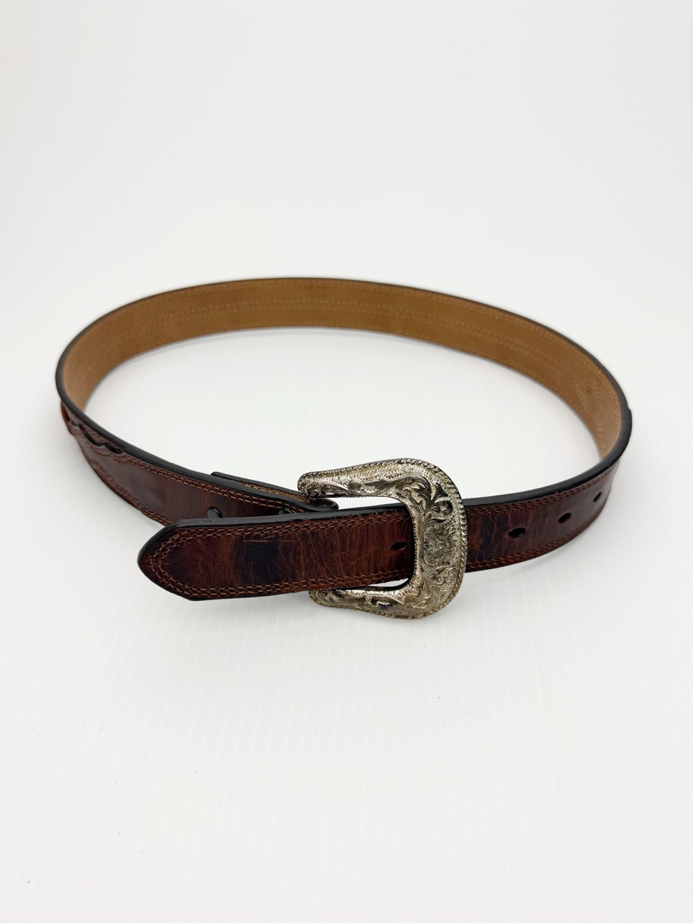 Ariat Genuine Brown Leather Silver Buckle Western Cowboy Belt